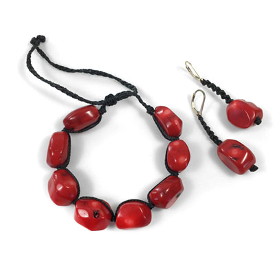 Red Bamboo Coral Big Beads Gem Bracelet - Micro Macrame Bracelet