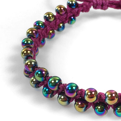 Rainbow Titanium Hematite Knotted Bead Edge Bracelet - Magenta - Micro Macrame Bracelet